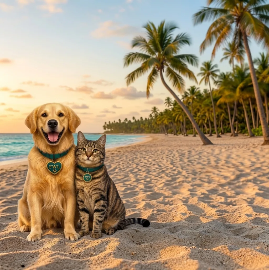 Pet Club dog and cat on the beach